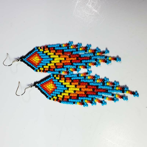 Turquoise Sunrise Long Fringe Seed Bead Earrings - Picture 3 of 7